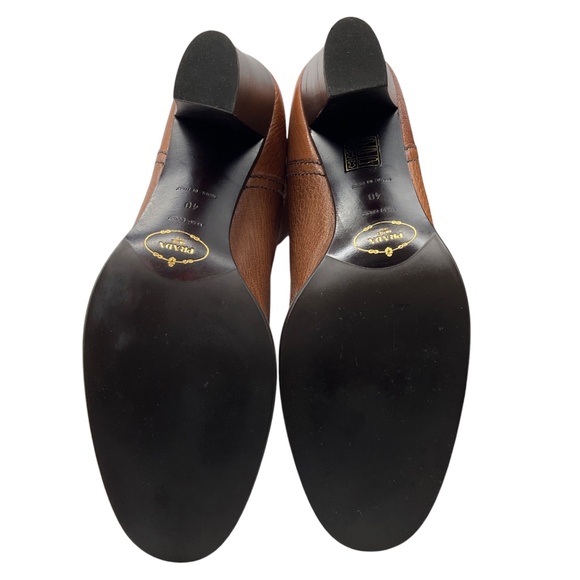 PRADA LIGHT BROWN / GOLD LOGO PLAQUE DISTRESSED LEATHER HIGH BOOTS - Picture 7 of 9